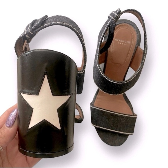 GIVENCHY Star Block Chunky Heel Ankle Strap Sandals RARE Denim Blue White Sz. 6 - Picture 9 of 13